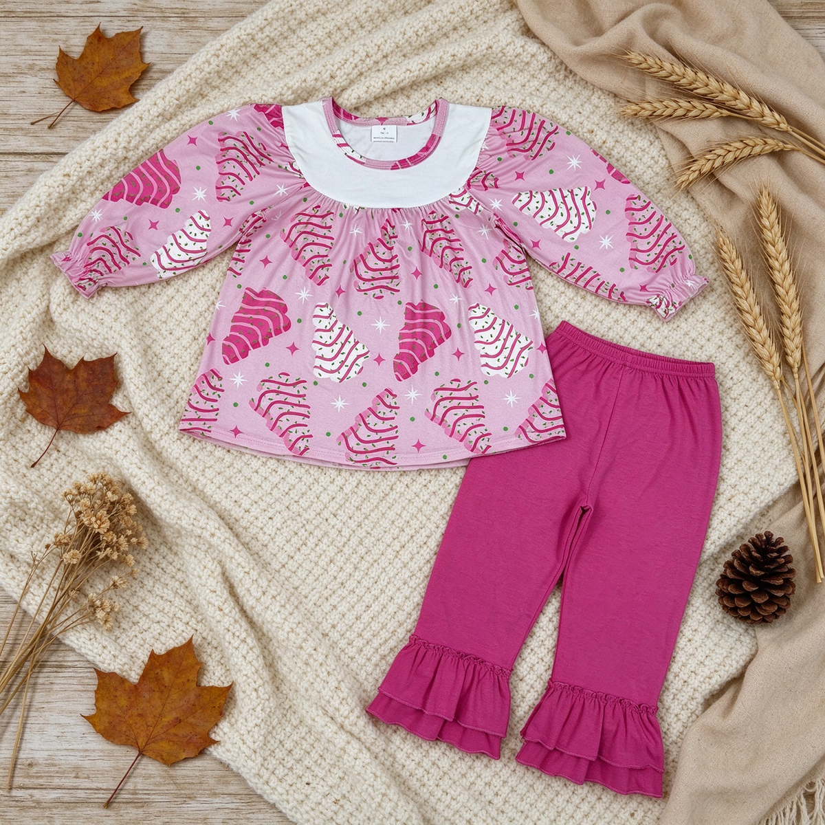 RTS NO MOQ （In stock）GLP2502 Baby Girls Pink Long Sleeves Stripe Trees Tunic Ruffle Pants Christmas Set