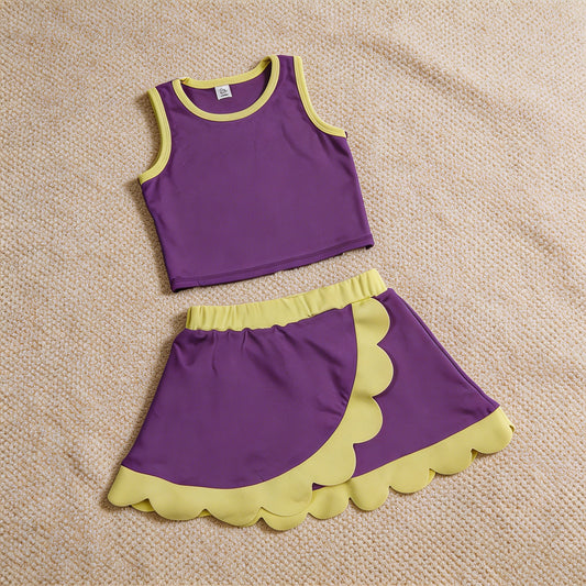 GSD4015 RTS NO MOQ （In stock）Sleeveless purple yellow scallop girls team active wear set