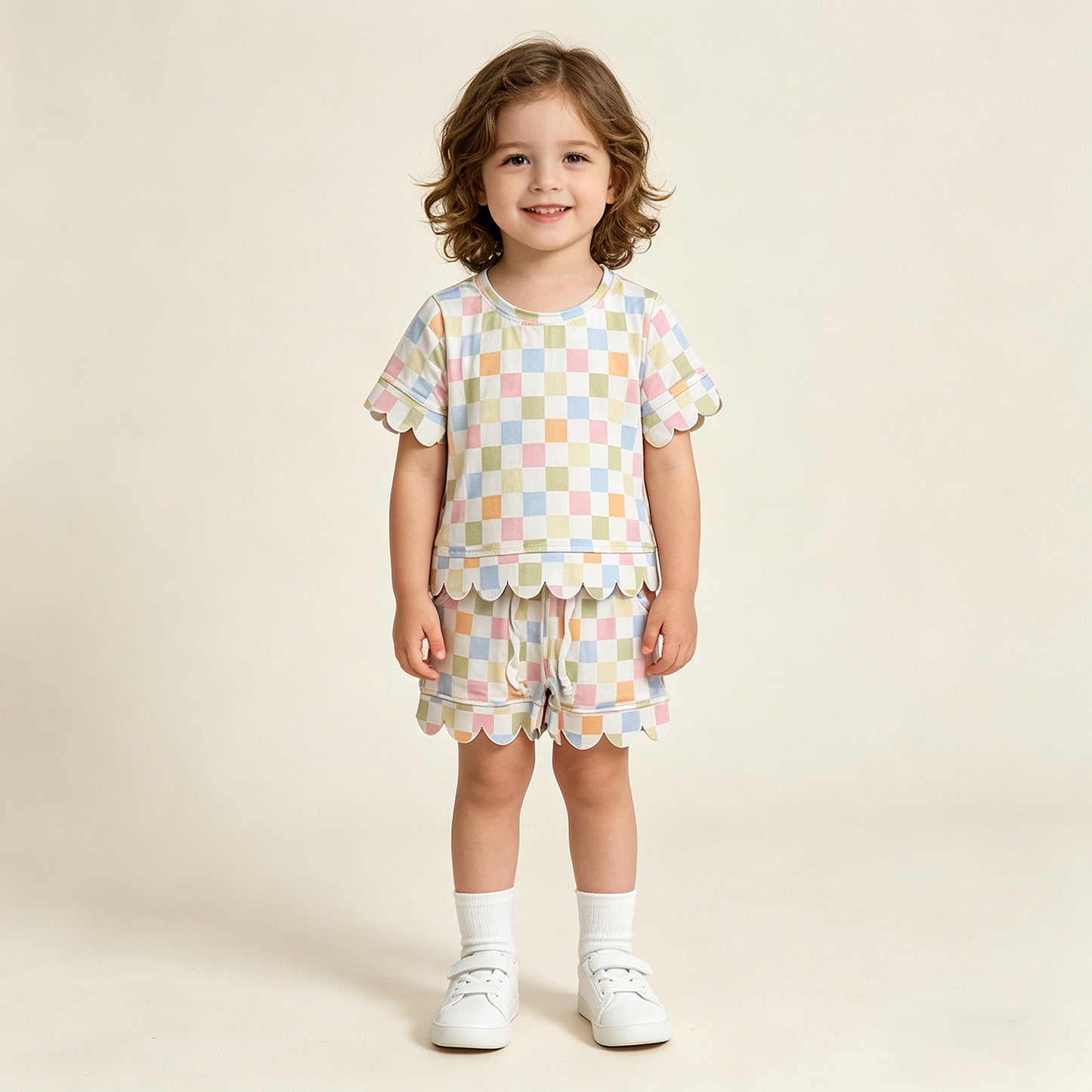 GSSO3419 RTS NO MOQ （In stock ）Short sleeves colorful plaid scallop top shorts girls outfits