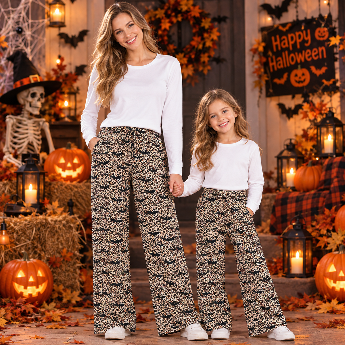 RTS NO MOQ milk silk Sibling Adult To Match Kids Halloween Leopard Bat Print Elastic Waist Wide Leg Pants Fall Casual Trousers