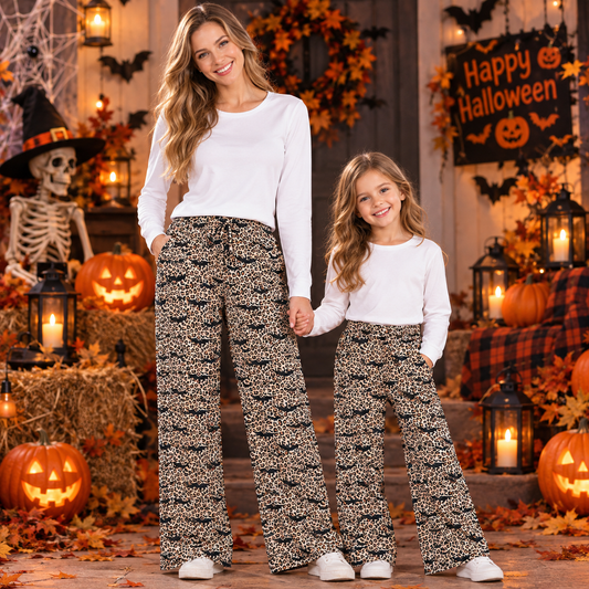 RTS NO MOQ milk silk Sibling Adult To Match Kids Halloween Leopard Bat Print Elastic Waist Wide Leg Pants Fall Casual Trousers