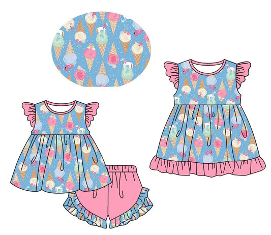 Girls Summer Clothes Ice Cream Tunic with Flutter Sleeves And Shorts Matching Set Sweet Biscotti Flavor for Kids' Outfits