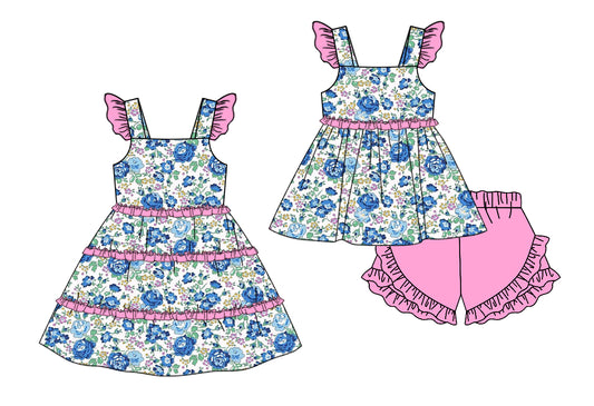 Baby Girls Blue Floral Tunic Ruffle Shorts Clothing Set and Suspender Dress