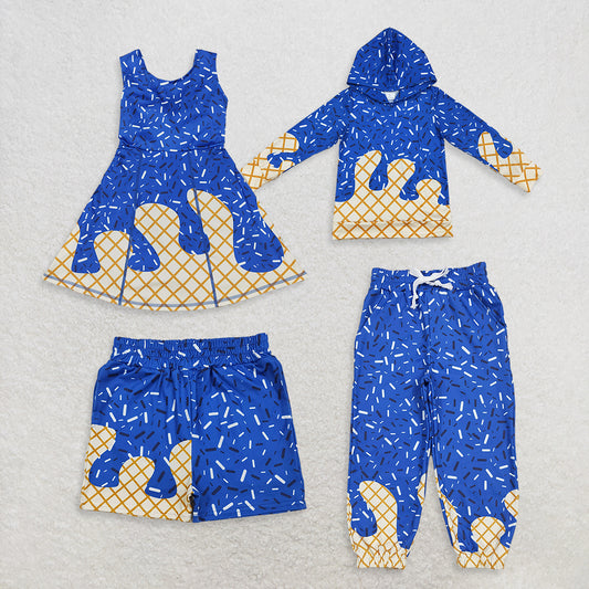 RTS Sibling Baby Girls Outfits Blue Ice Cream Sprinkle Long Sleeve Baby Kids Hoodie Pants Set Team Dress Outfit for Children