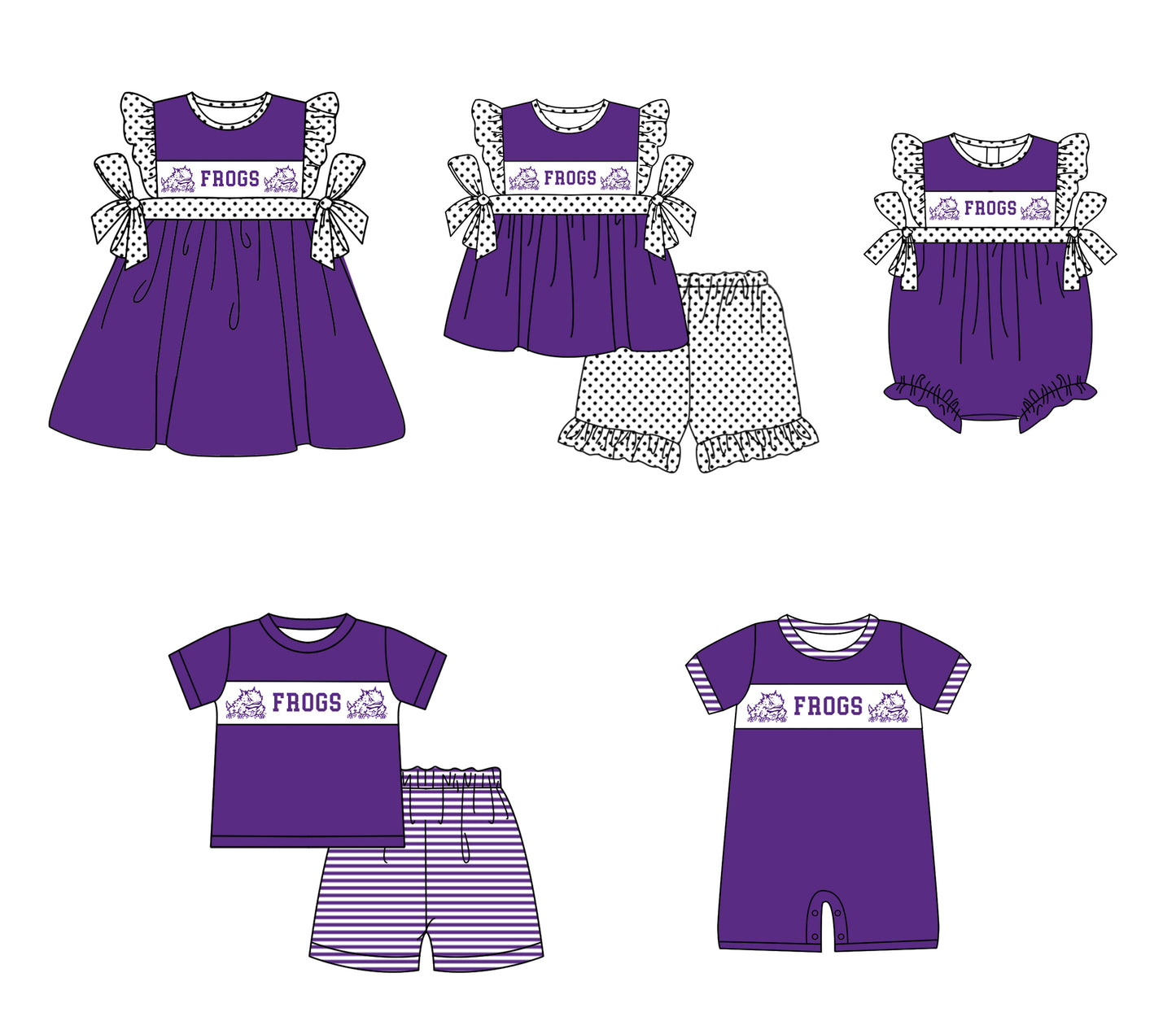 CUSTOM MOQ 5 Sibling Baby Kids Purple Top Shorts Clothes Set Knee Length Dress Rompers