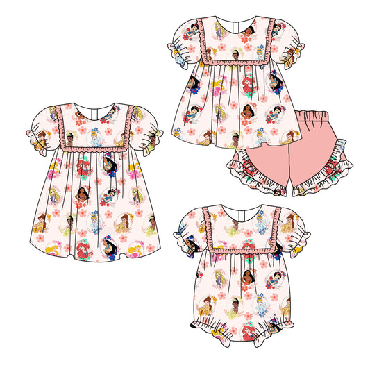 Baby Girls Pink Princess Flowers Short Sleeves Onesie-Short Sleeve Shorts Set-Short Sleeve Dress Pre-Order