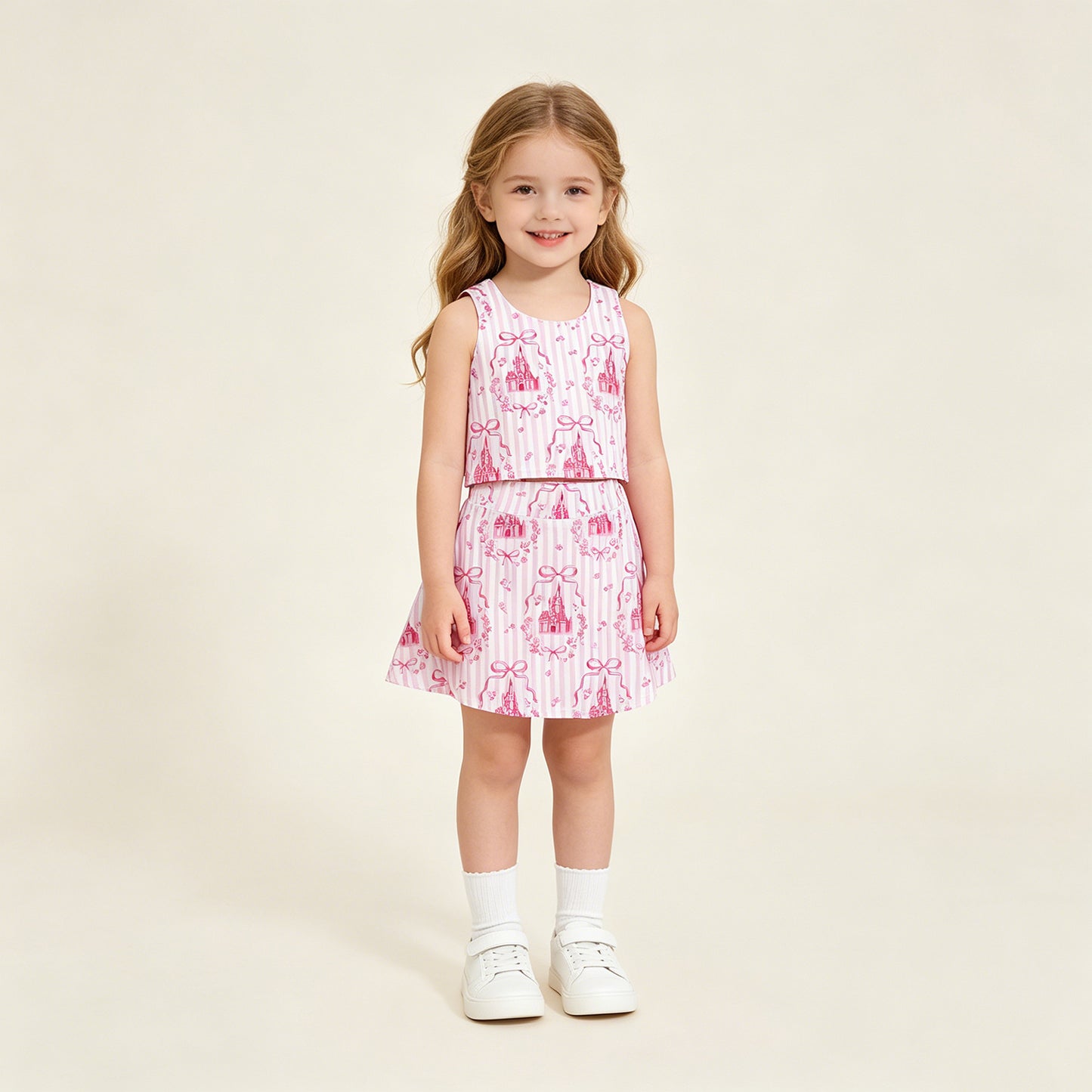 GSD3814 RTS NO MOQ （In stock ）Pink stripe castle crop top bow skirt girls summer active set