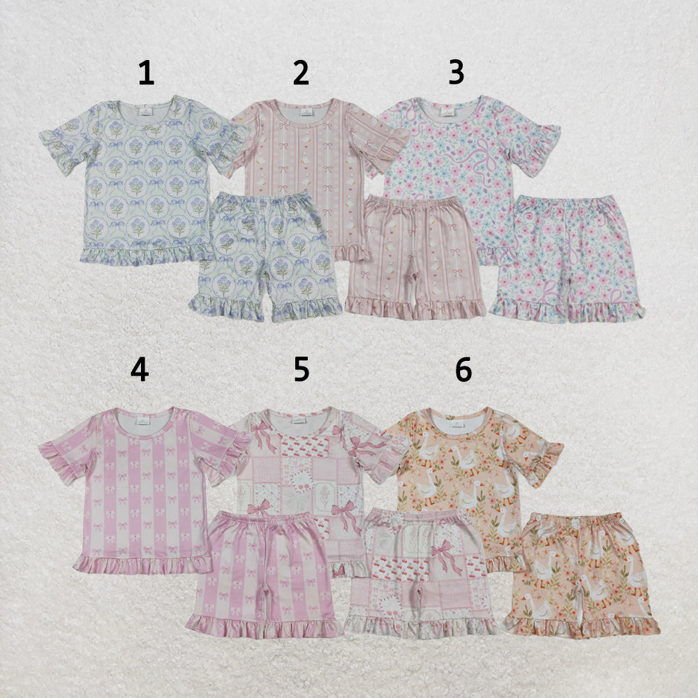 RTS Sibling Baby Girls Colorful Flowers Bows Top Short Pajamas Clothes Sets