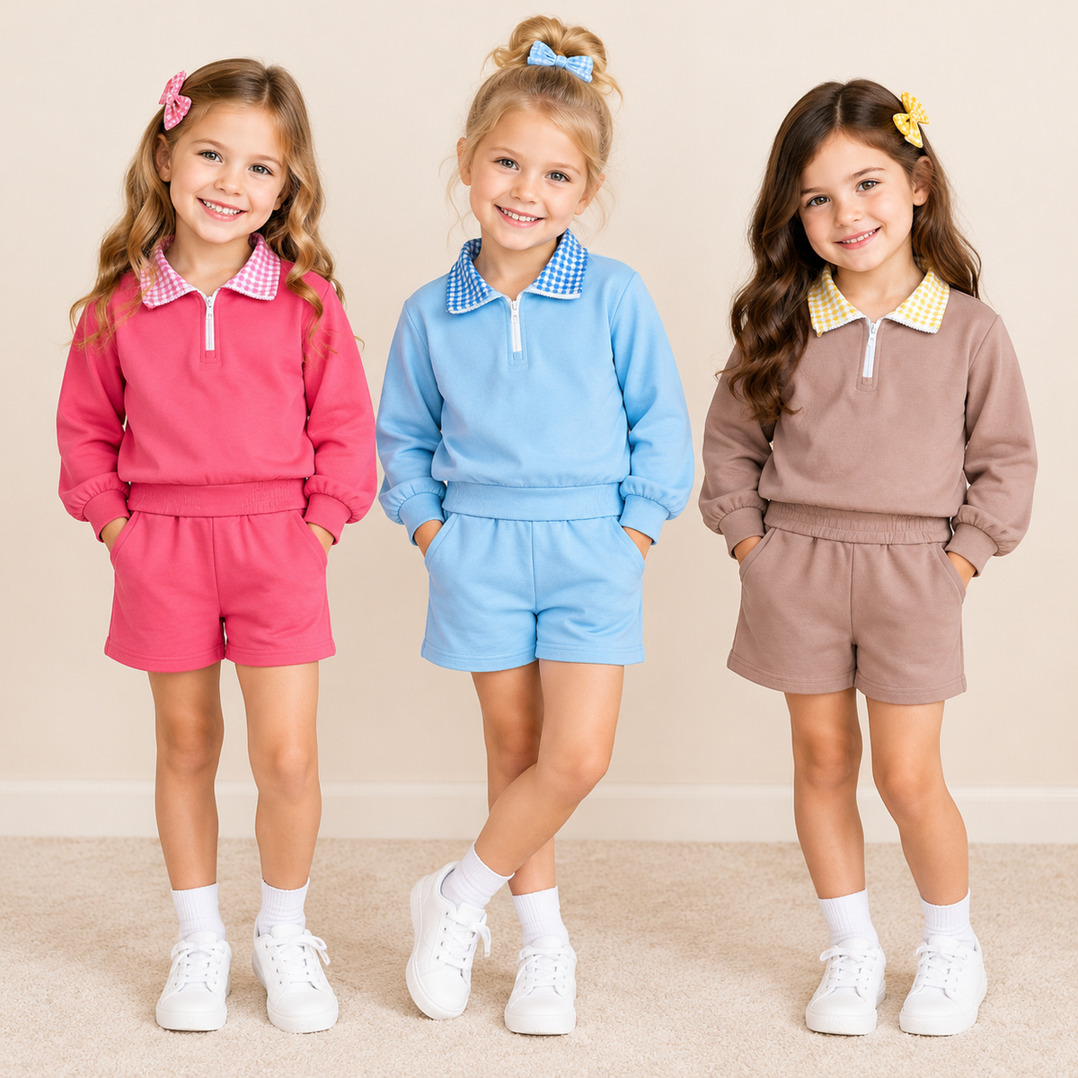 RTS NO MOQ Sibling cotton Baby Girls Solid Color Gingham Collar Half Zip Long Sleeve Top Short Pant Clothes Set