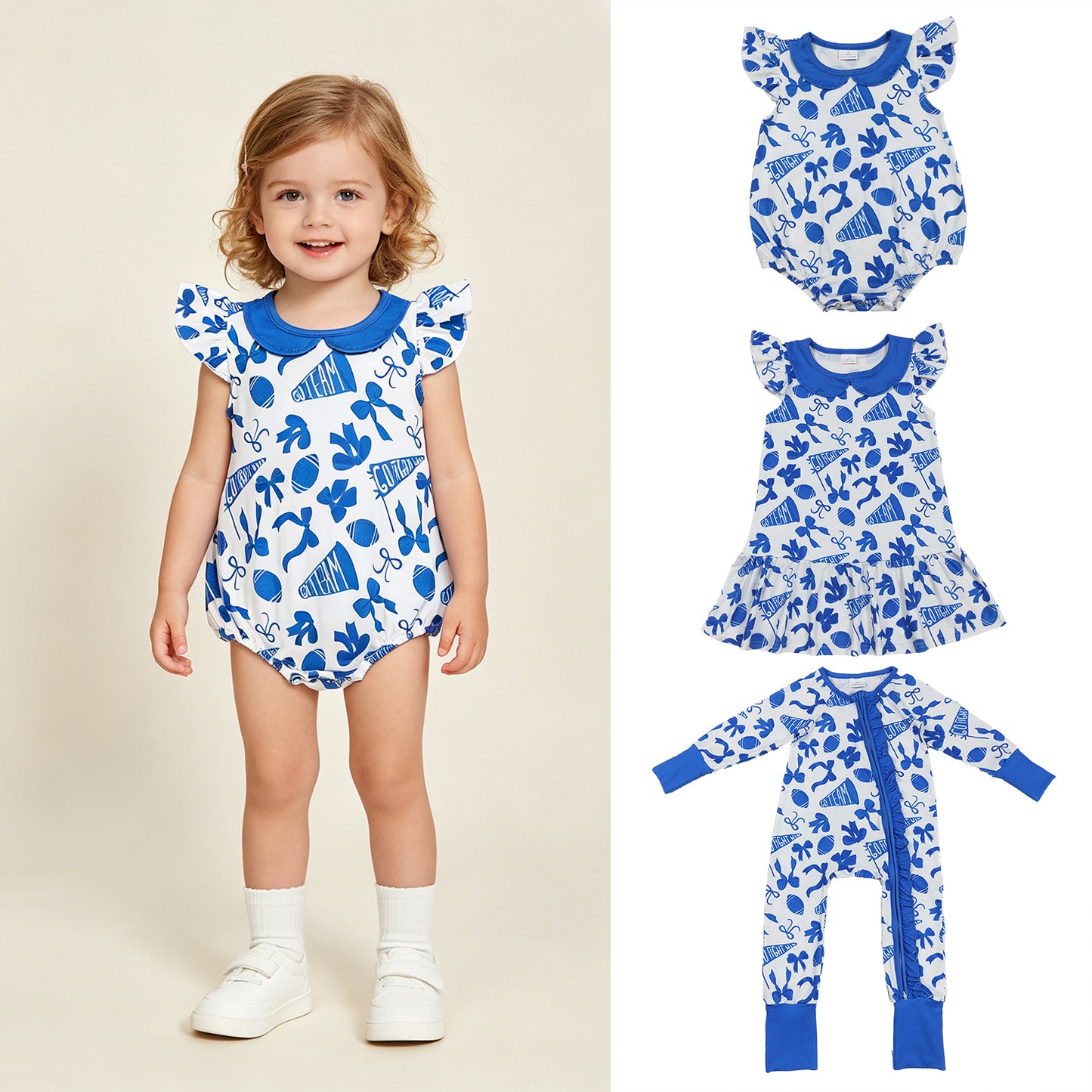 RTS Sibling Flutter sleeves blue bow football go team kids girls dresses and romper