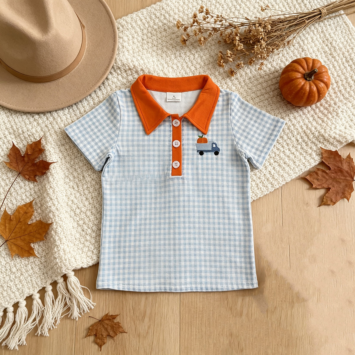 RTS NO MOQ （In stock）milk silk BT1890 Embroidery Pumpkin Baby Boys Blue Checked Truck Fall Button Polo Shirts Top