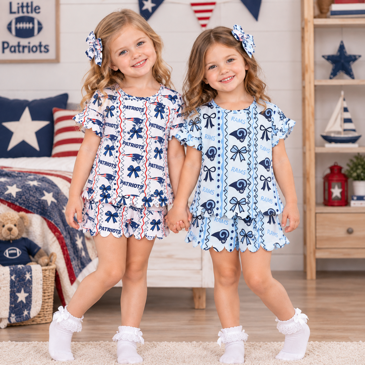 RTS NO MOQ Sibling milk silk Baby Girls Bow Print Short Sleeve Top And Scallop Shorts Team Set