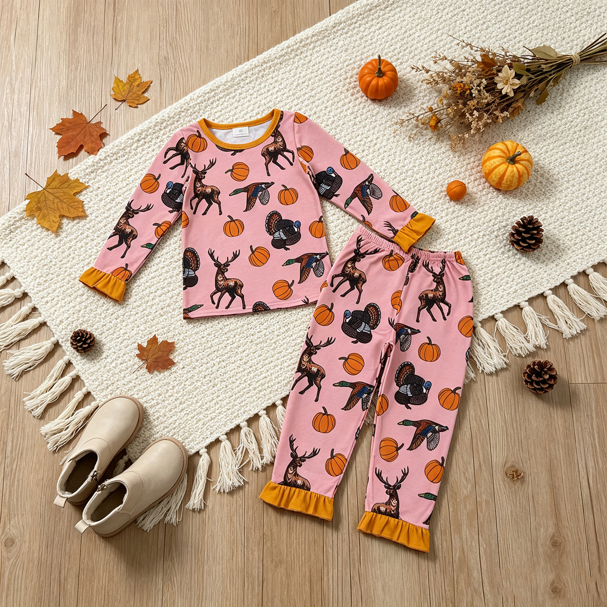 RTS NO MOQ milk silk GLP3655 Baby Girls Pumpkins Deer Top Ruffle Pant Thanksgivings Pajamas Sets
