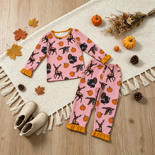 RTS NO MOQ milk silk GLP3655 Baby Girls Pumpkins Deer Top Ruffle Pant Thanksgivings Pajamas Sets