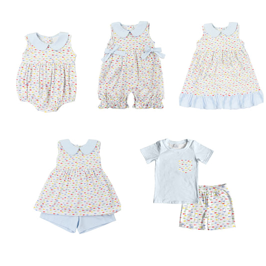 Sleeveless colorful fish tunic light blue shorts girls clothes