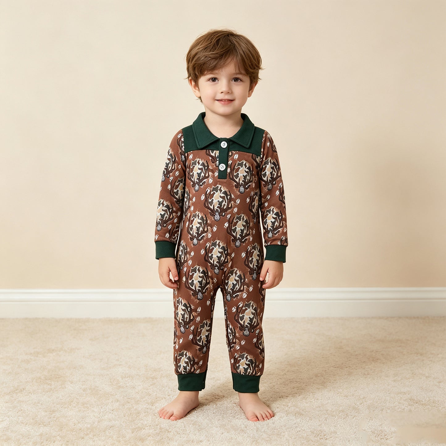 RTS NO MOQ （In stock）milk silk LR3013 Baby Boys Long Sleeve Camo Deer Button Hunting Pant Rompers