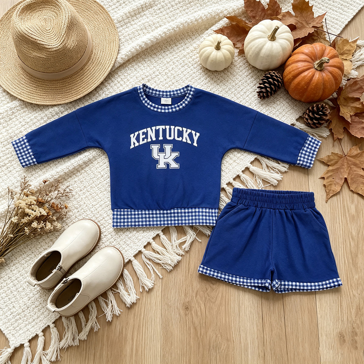 RTS NO MOQ （In stock）GLS0164 Baby Girls Vinyl Kentucky Long Sleeve Top Pockets Short Team Clothes Set