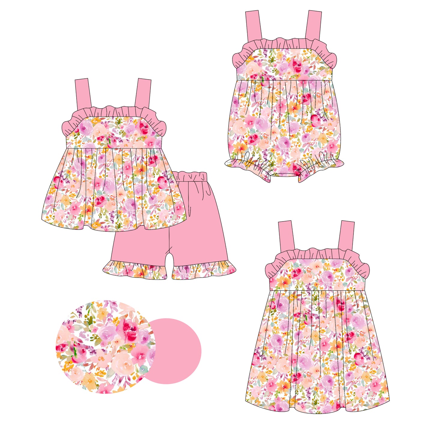 Girls Pink Straps Ruffle Floral Tunic Short Set Cute Clothing Outfit for Little Girls