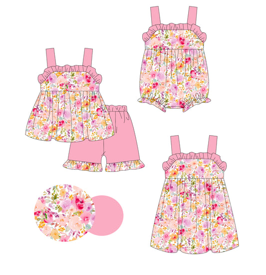 Girls Pink Straps Ruffle Floral Tunic Short Set Cute Clothing Outfit for Little Girls