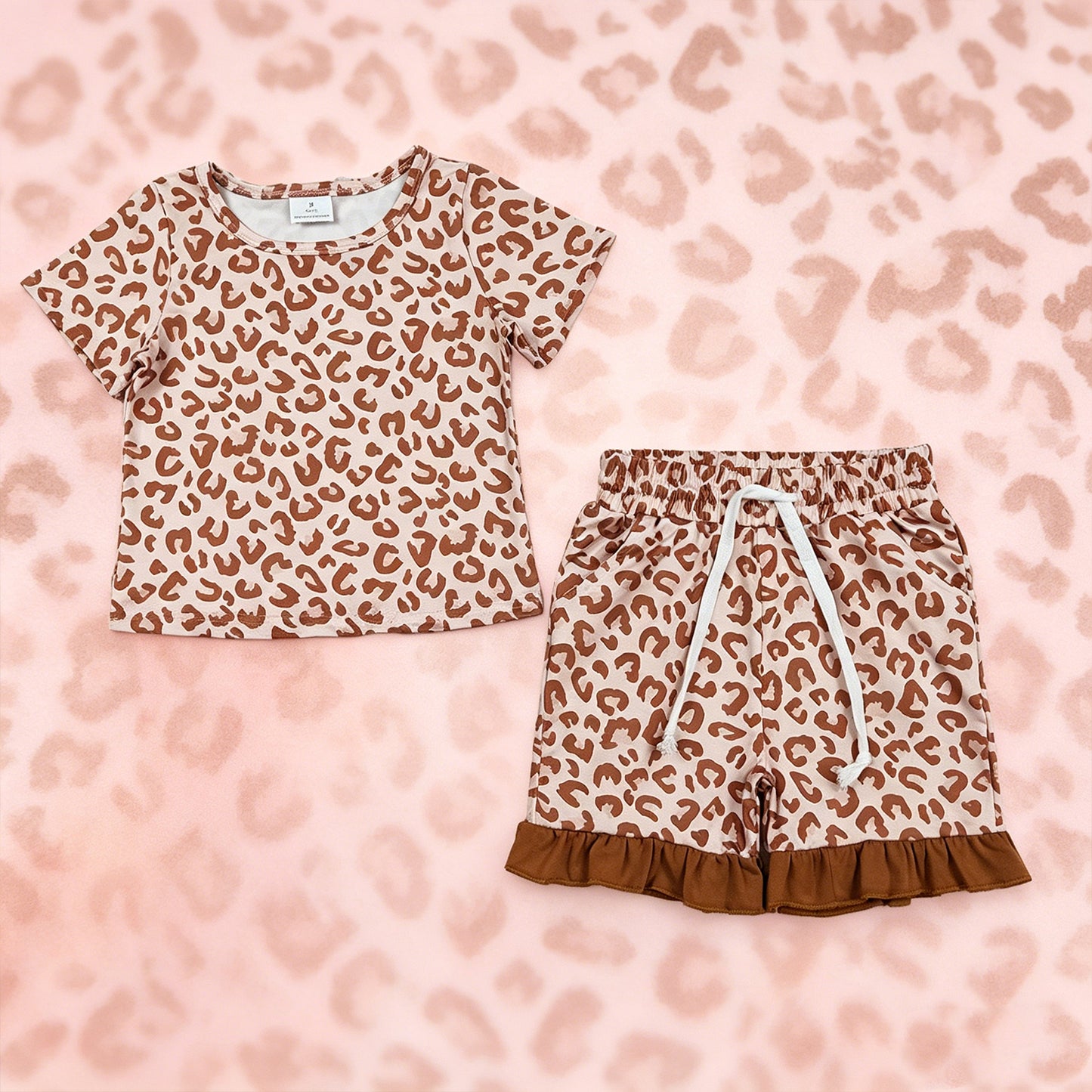 GSSO3292 RTS NO MOQ （In stock ）Short sleeves leopard top ruffle shorts girls outfits