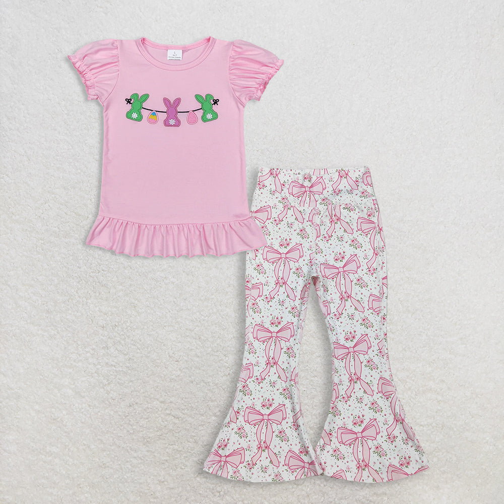 3.13 RTS NO MOQ （In stock）GT0391 + P0773 Baby Girls Easter Pink Rabbits Bunny Puffy Short Sleeve Shirt Tops Floral Bows Bell Bottom Yoga Active Pants