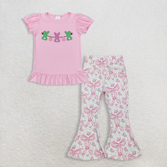 3.13 RTS NO MOQ （In stock）GT0391 + P0773 Baby Girls Easter Pink Rabbits Bunny Puffy Short Sleeve Shirt Tops Floral Bows Bell Bottom Yoga Active Pants