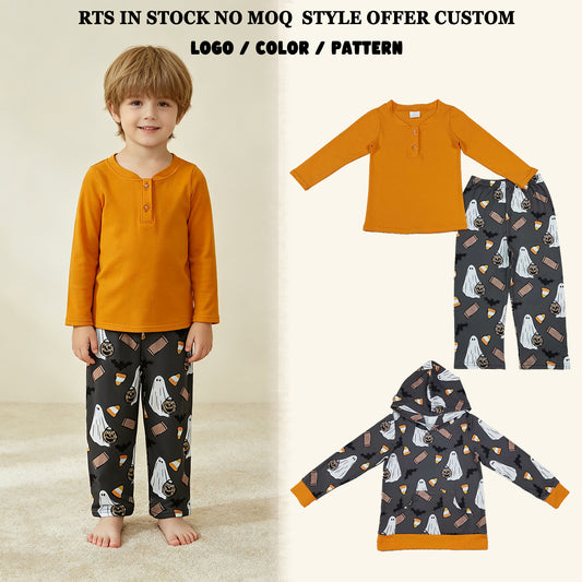 RTS NO MOQ Sibling milk silk Baby Boys Halloween Ghost Candy Corn Print Hooded Jacket And Solid Orange Top With Matching Pants Casual Set
