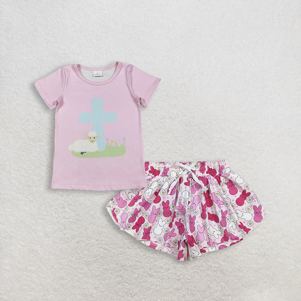 3.5 RTS NO MOQ （In stock）GT1394 + SS0714 Baby Girls Pink Short Sleeve Cross Sheep Easter T-shirts Top  Summer Shorts Bottoms