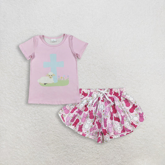 3.5 RTS NO MOQ （In stock）GT1394 + SS0714 Baby Girls Pink Short Sleeve Cross Sheep Easter T-shirts Top  Summer Shorts Bottoms