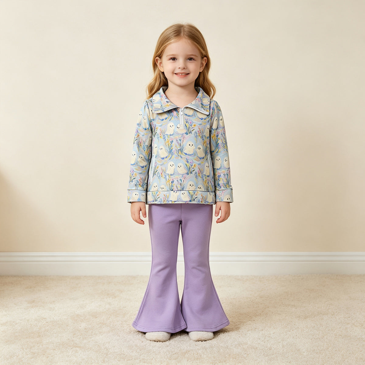 RTS NO MOQ （In stock）milk silk GLP3506 Baby Girls Ghosts Zip Pockets Pullovers Flare Pant Halloween Clothes Set