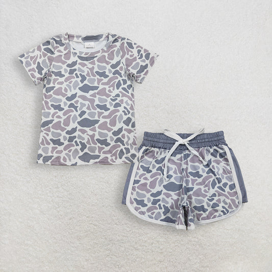 3.14 RTS NO MOQ （In stock）BT1712 + SS0740 Fashion Clothing For Baby Boys Short Sleeve Southern Light Grey Camo T-shirts Top Shorts Bottom