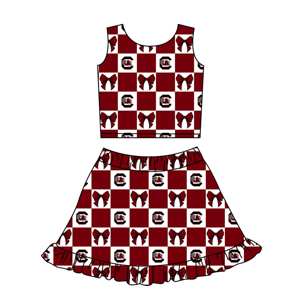 CUSTOM MOQ 5 Kids Clothing for Girls Baby Girls Red C Bow Plaid Top Skirts Yoga Active Team Clothes Sets