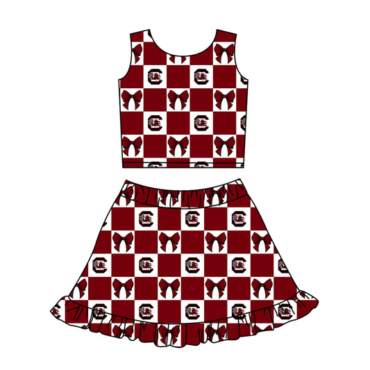 CUSTOM MOQ 5 Kids Clothing for Girls Baby Girls Red C Bow Plaid Top Skirts Yoga Active Team Clothes Sets
