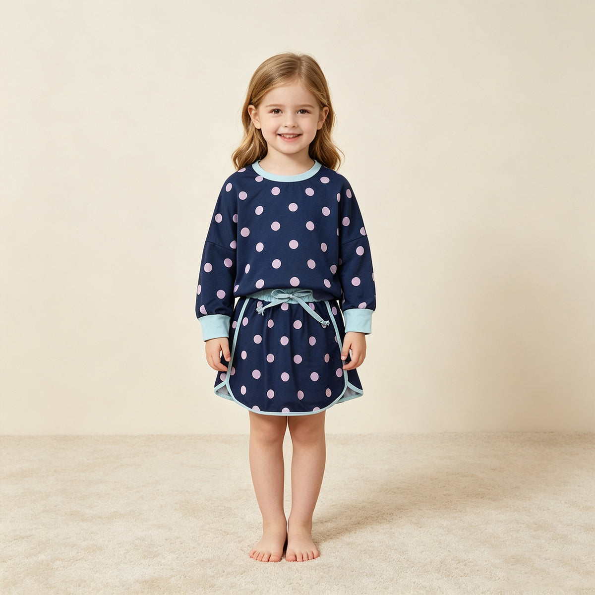 RTS NO MOQ milk silk GLD1762 Baby Girls Navy Pink Polka Dot Long Sleeve Sweatshirt And Drawstring Skort Set