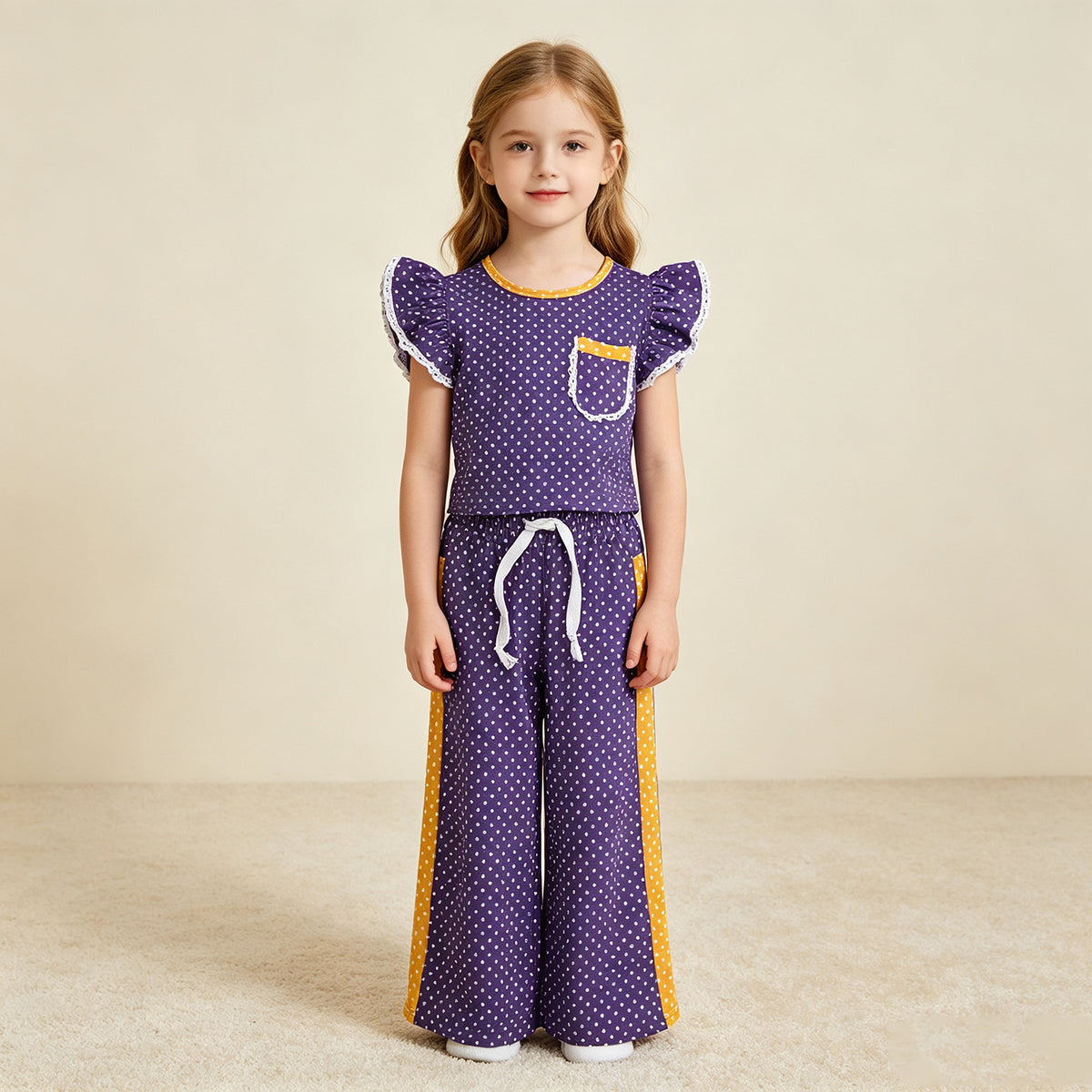 RTS NO MOQ （In stock）GSPO2366 milk silk Baby Girls Purple Polka Dots Pocket Top Flare Pant Clothes Set