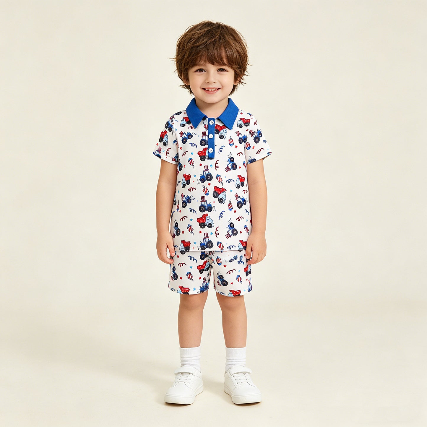 BT1163 RTS NO MOQ （In stock ）Blue short sleeves tractor kids boys 4th of july polo shirt