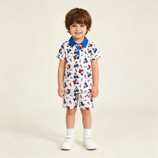 BT1163 RTS NO MOQ （In stock ）Blue short sleeves tractor kids boys 4th of july polo shirt