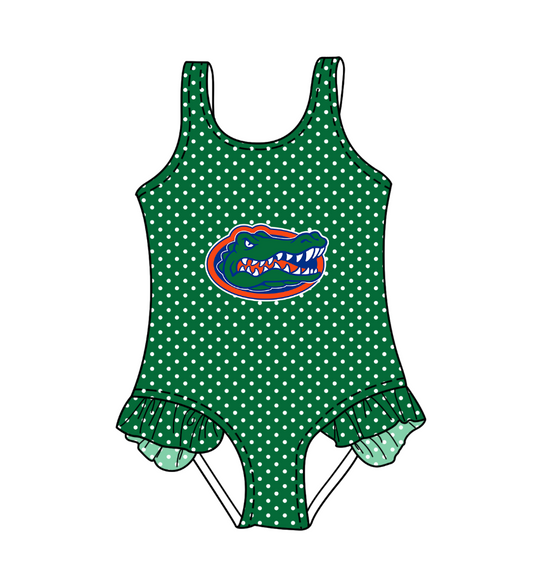 CUSTOM MOQ 5 Cute Comfortable Clothing For Kids Baby Girls Green Crocodile Polka Dots Ruffle Team One Piece Swimsuits
