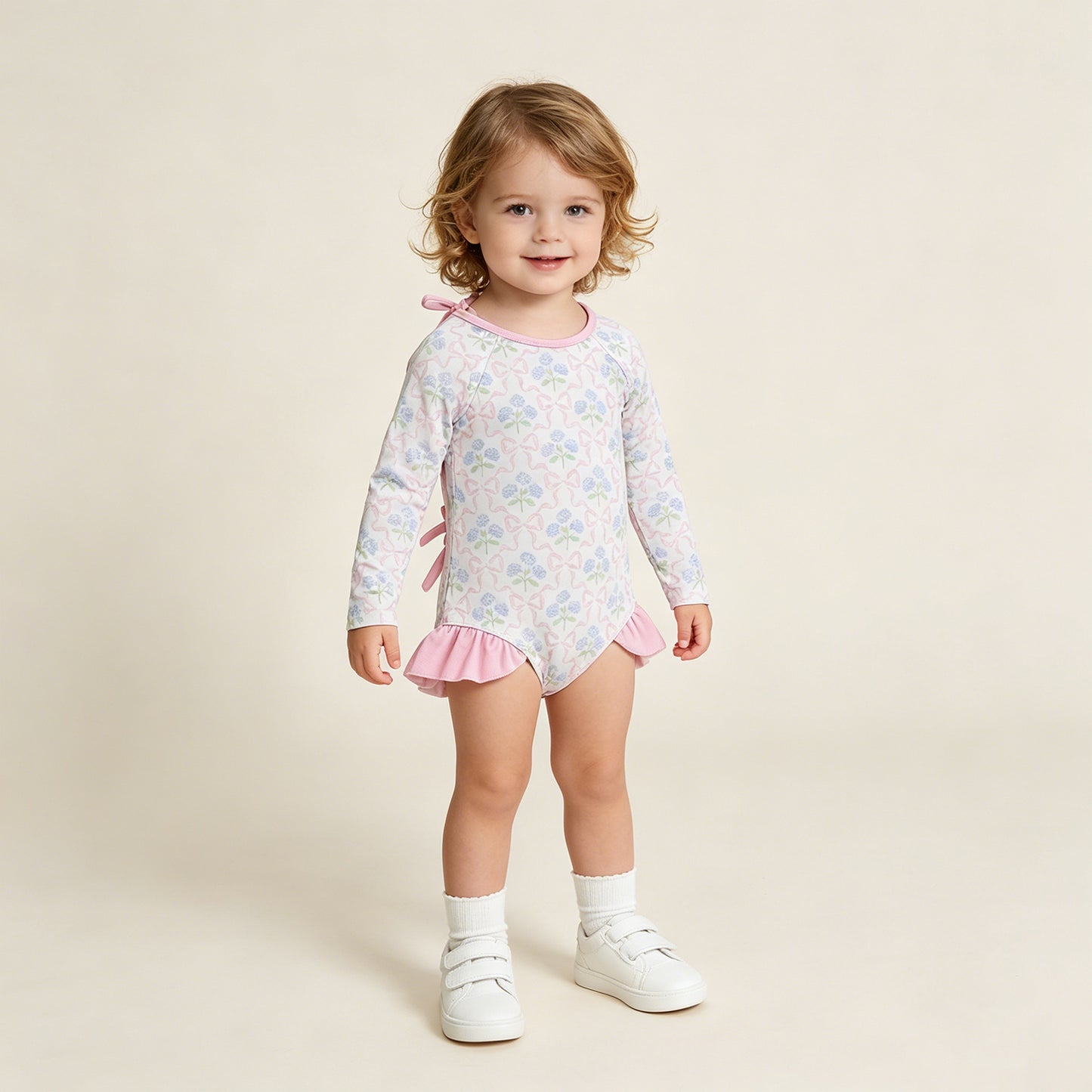 S0655 RTS NO MOQ （In stock ）Long sleeves bow floral baby girls one piece swimsuit
