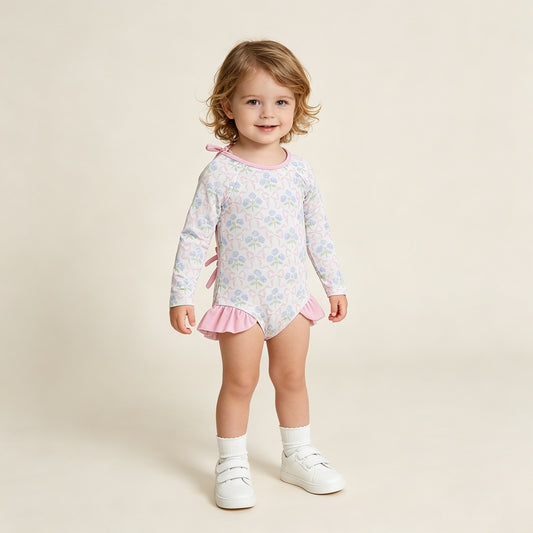 S0655 RTS NO MOQ （In stock ）Long sleeves bow floral baby girls one piece swimsuit