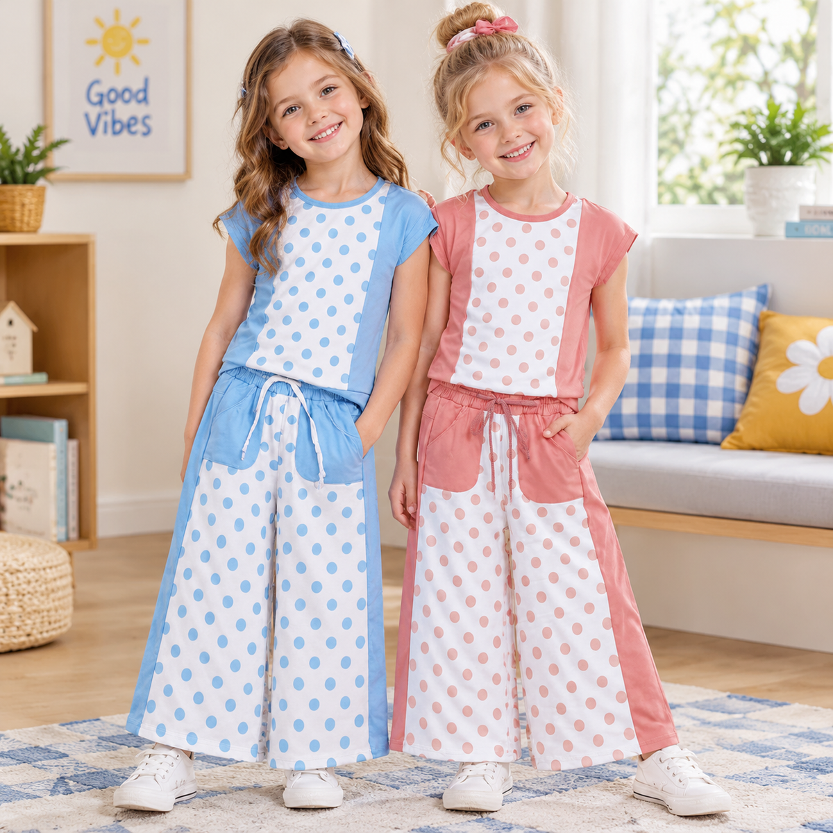 RTS NO MOQ Sibling yoga fabric Baby Girls Polka Dots Pockets Flare Pant Yoga Active Clothes Sets