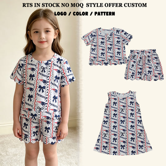 RTS NO MOQ Sibling milk silk Baby Girls Bows Stripe Print Top Pockets Short Scallop Team Clothes Sets Dress