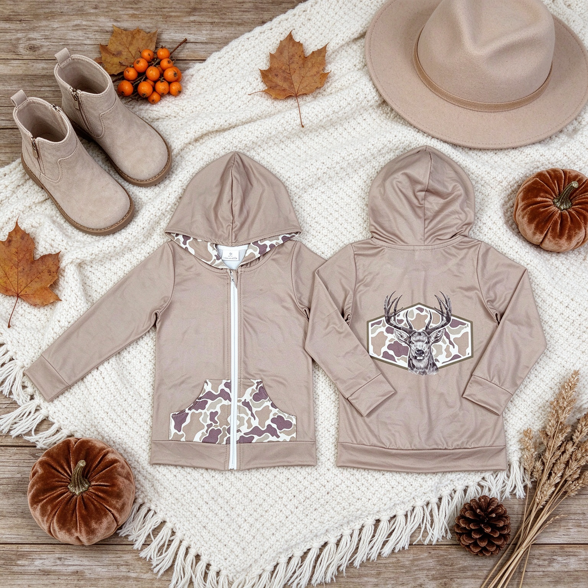 RTS NO MOQ （In stock）milk silk GT1144 Baby Boys Western Brown Camo Deer Zipper Pockets Boys Hoodie Casual Jacket Top