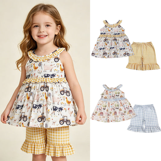 RTS NO MOQ （In stock ）Sleeveless farm ruffle tunic plaid shorts girls summer outfits