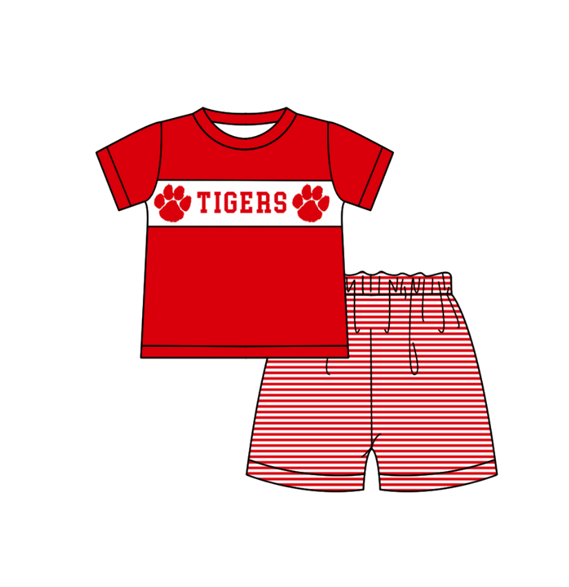 CUSTOM MOQ 5 Sibling Boys Baby Girls Red Stripe Top Ruffles Shorts Clothes Set Knee Length Dress Rompers