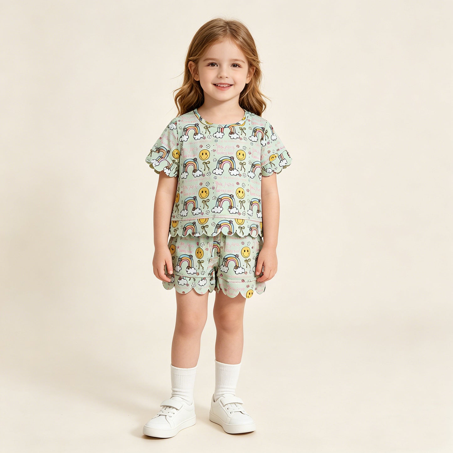 GSSO3283 RTS NO MOQ （In stock ）Baby Girls Rainbow Smiles Flowers Top Pockets Shorts Scallop Clothes Sets