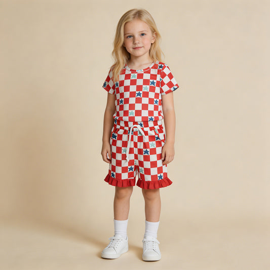 GSSO3293 RTS NO MOQ （In stock ）Baby Girls Red Checked Stars Top Pockets Ruffle Shorts 4th of July Clothes Sets