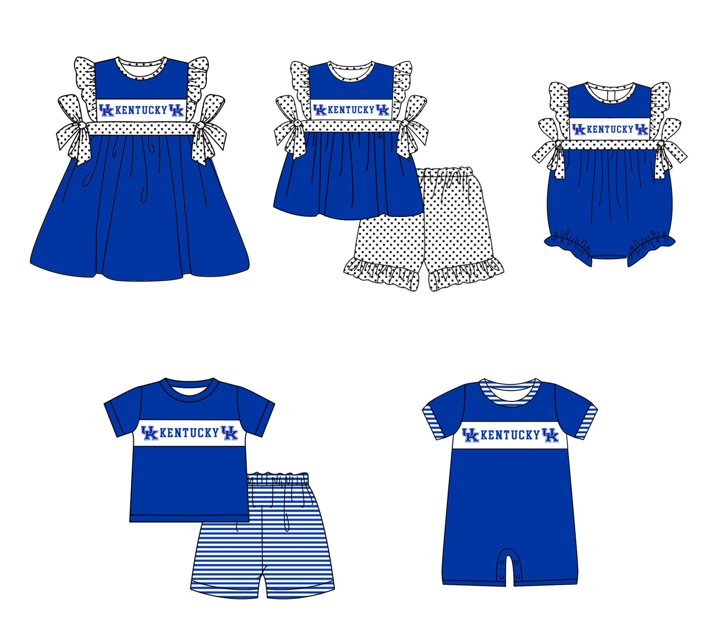 CUSTOM MOQ 5 Sibling Boys Baby Girls Blue Polka Dots Top Shorts Clothes Set Knee Length Dress Rompers