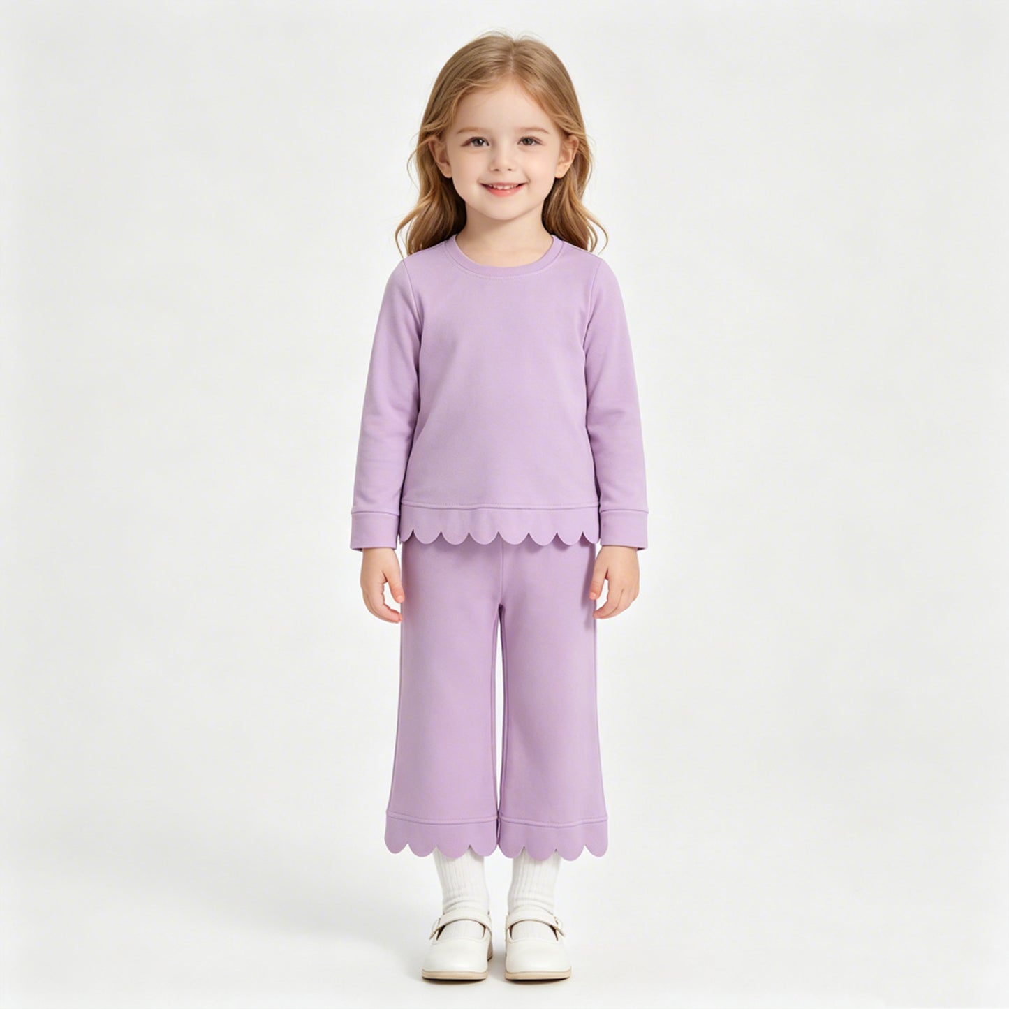 GLP3289 RTS NO MOQ （In stock）Cotton long sleeves scallop girls fall pajamas set