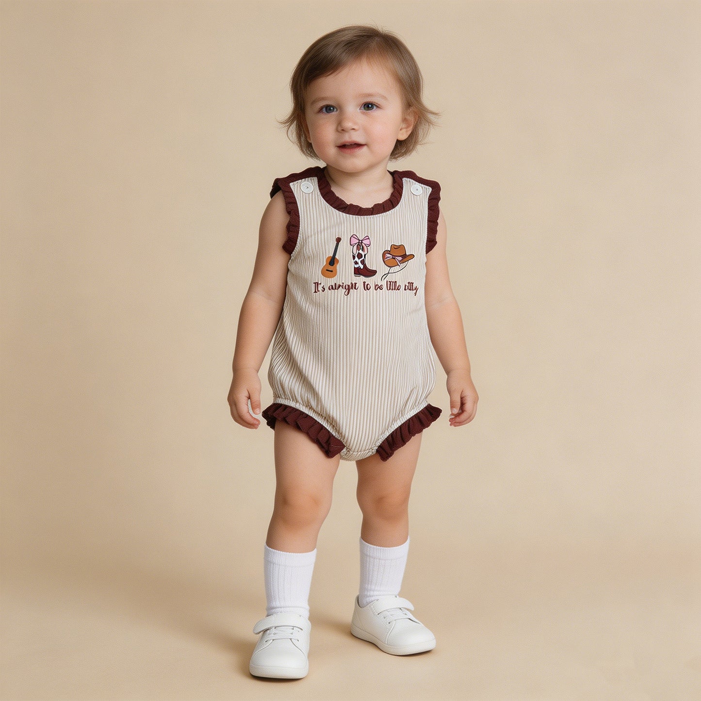 SR3336 RTS NO MOQ （In stock）Baby Girls Sleeveless Boot Hats Guitar Western Ruffle Rompers